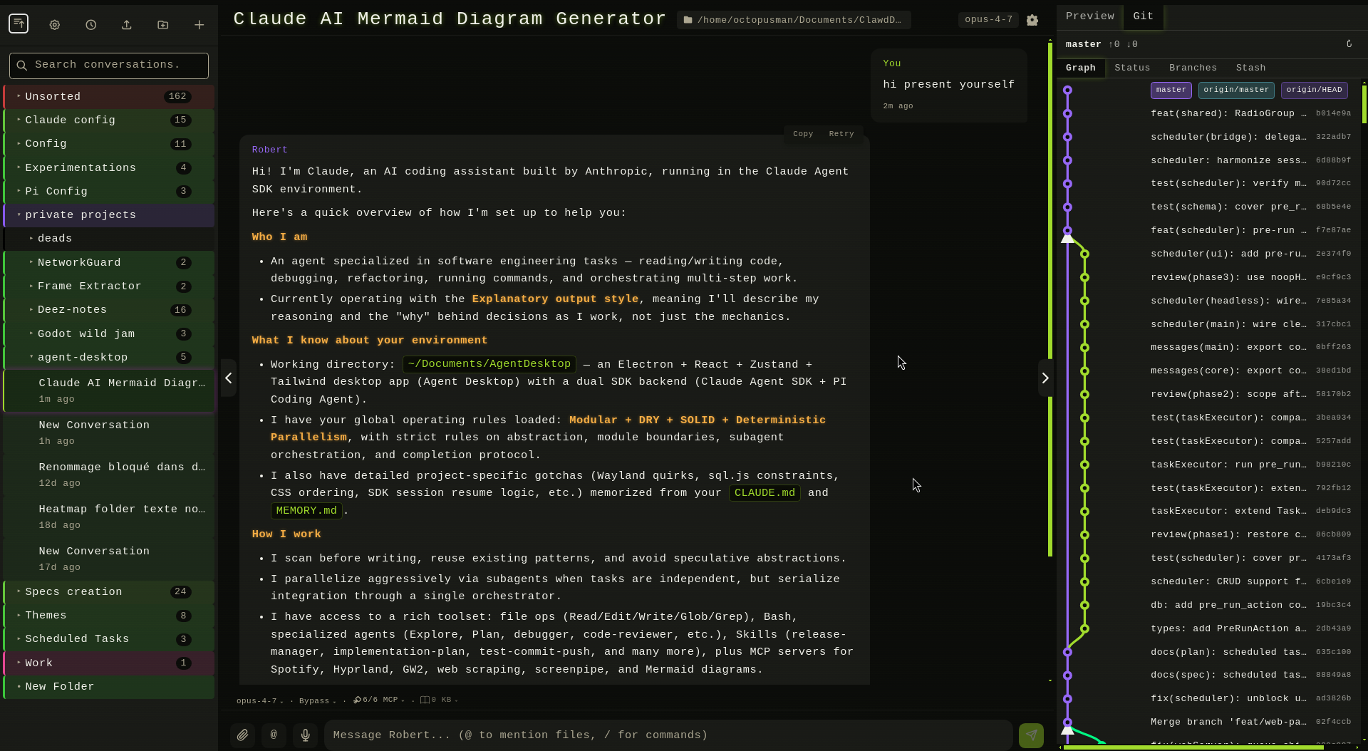 Agent Desktop — Git panel with commit graph, branch list, and stash view