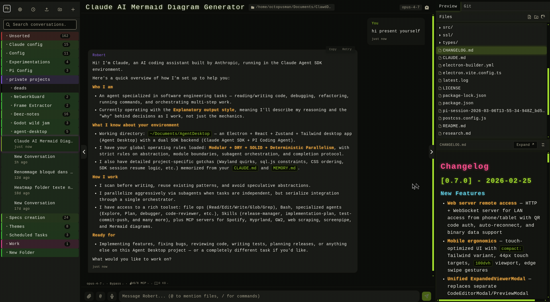 Agent Desktop — File preview panel rendering a CHANGELOG in markdown